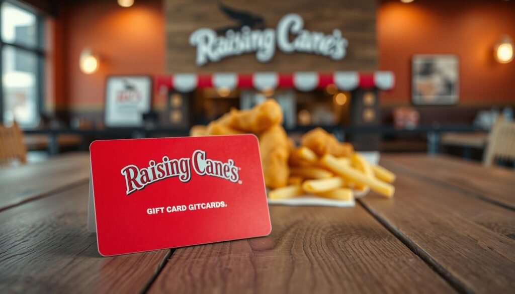 A Raising Cane's gift card prominently displayed in the foreground, resting on a wooden table with a rustic texture. The card's vibrant colors of red and white, featuring the iconic Raising Cane's logo, are sharply defined against the natural wood grain. In the middle, a few golden chicken tenders and crispy fries are arranged attractively, hinting at the delicious meals one can enjoy with the card. In the background, a blurred image of a Raising Cane's restaurant creates an inviting atmosphere, with warm lighting contributing to a cozy, friendly vibe. The overall composition evokes a sense of excitement and anticipation for a tasty meal, ideal for understanding the value of the gift card.