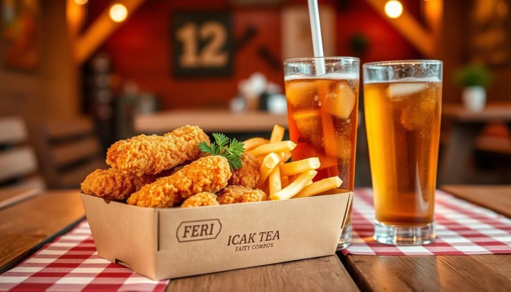 A beautifully arranged box combo tea meal featuring crispy chicken fingers, golden fries, and a refreshing cup of iced tea. In the foreground, showcase the chicken fingers with a crispy coating, garnished with a sprig of parsley. The fries are perfectly crinkled and lightly salted, placed beside the chicken. The iced tea is presented in a clear glass, condensation visible, enhancing the cool, refreshing look. In the middle ground, a wooden picnic table creates a rustic feel, with a checkered tablecloth adding a touch of warmth. The background hints at a cozy fast-casual restaurant setting, with soft, warm lighting illuminating the meal, evoking a friendly atmosphere. The lens should be focused on the food, blurring the background slightly to draw attention to the delicious combo.
