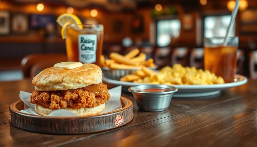A beautifully arranged breakfast scene featuring Raising Cane's signature dishes on a rustic wooden table. In the foreground, showcase a crispy chicken biscuit topped with honey butter, a side of golden hash brown sticks, and a refreshing glass of iced tea with a lemon wedge. In the middle, include a plate of fluffy scrambled eggs and a small bowl of delicious dipping sauce. The background features a soft focus of a cozy diner interior with warm, inviting lighting that creates a welcoming atmosphere. Use a shallow depth of field to emphasize the food while keeping the background subtly blurred. Capture the essence of a hearty and satisfying breakfast experience, evoking a sense of familiarity and comfort.