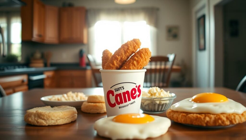A beautifully arranged breakfast table featuring a single iconic Cane’s cup filled with crispy fried chicken tenders, placed prominently in the foreground. Surrounding the cup are soft biscuit halves, a small dish of creamy coleslaw, and a perfectly sunny-side-up egg. In the middle ground, a warm, inviting kitchen with rustic wooden cabinets and soft morning light streaming through a window. The light casts gentle shadows, enhancing the inviting atmosphere. In the background, a faint outline of a cozy dining area with a simple wooden table and chairs complements the breakfast scene, suggesting a homey vibe. The composition is captured at a slight angle, emphasizing the delicious food while creating a warm, welcoming mood that invites viewers to think about breakfast possibilities.