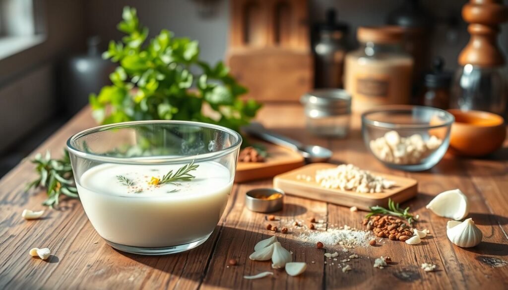 A beautifully arranged buttermilk marinade spread across a rustic wooden countertop. In the foreground, a clear glass bowl filled with creamy, spiced buttermilk, garnished with fresh herbs like rosemary and thyme, surrounded by a variety of raw ingredients including minced garlic, cracked pepper, and a hint of citrus zest. In the middle, there are measuring spoons and a small wooden cutting board with freshly chopped herbs and spices, hinting at the preparation process. The background features softly blurred kitchen items, like a vibrant green potted plant and an antique wooden spice rack, creating an inviting and warm atmosphere. The lighting is soft and natural, reminiscent of a well-lit kitchen in the late afternoon, casting gentle shadows that add depth to the scene, showcasing the essence of indulgent home cooking.