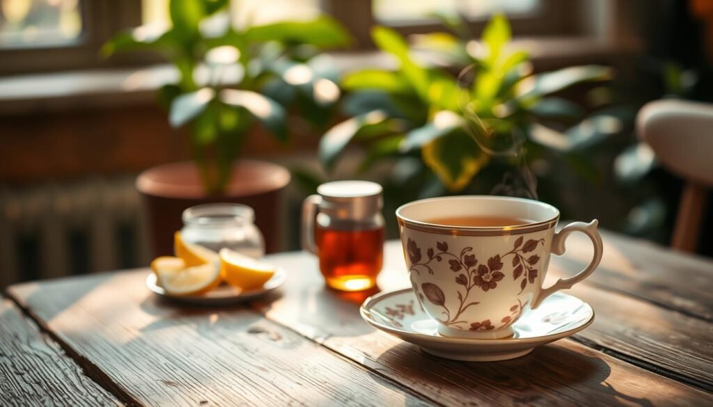A beautifully arranged cup of steaming tea sits on a rustic wooden table in the foreground, showcasing a delicate porcelain teacup with intricate floral designs. The tea, a rich amber color, emits gentle wisps of steam, suggesting warmth and comfort. In the middle ground, a small selection of fresh lemon slices and a honey jar complements the cup, implying the option for customization. Soft, natural sunlight filters in from a nearby window, casting a warm, golden glow across the scene, enhancing the inviting atmosphere. The background features blurred greenery, perhaps from indoor plants, creating a tranquil setting that emphasizes calmness and wellness, reflecting the theme of dietary considerations. The overall mood is serene and soothing, perfect for a moment of reflection.