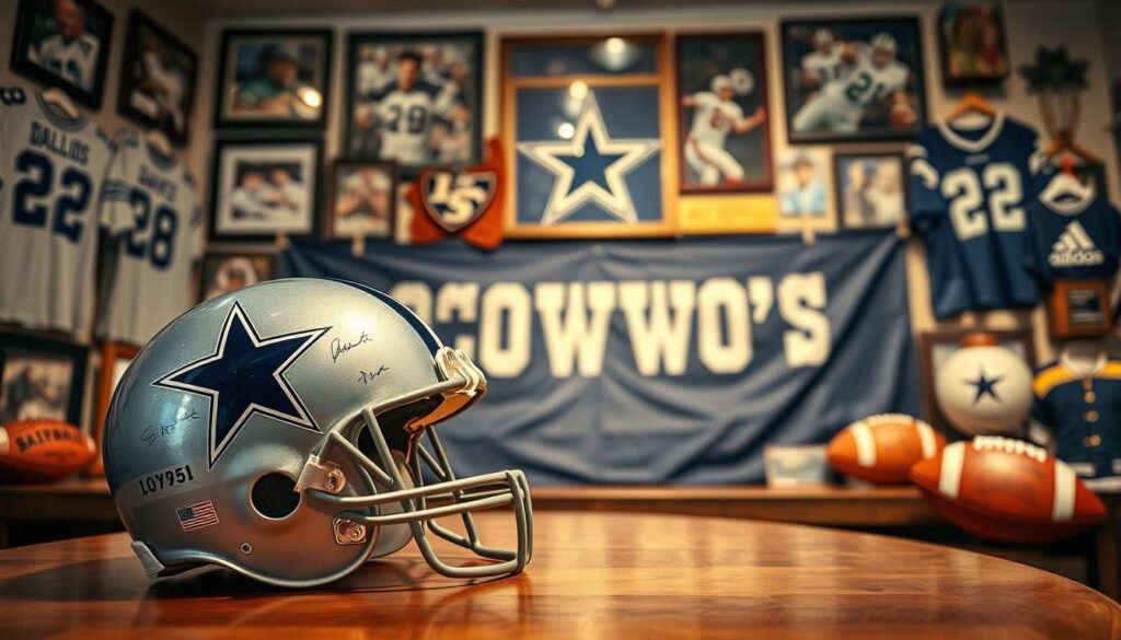 A beautifully arranged display of Dallas Cowboys memorabilia, featuring vintage jerseys, autographed footballs, and iconic merchandise. In the foreground, a prominent blue and silver Dallas Cowboys helmet rests on a polished wooden table, with a background of framed photographs showcasing legendary players. The middle ground features a vibrant Dallas Cowboys banner, adorned with the team logo, creating a lively atmosphere. The scene is illuminated with warm lighting that highlights the textural details of the items, casting soft shadows. The image is captured from a slightly elevated angle, providing a dynamic perspective that invites viewers to explore the rich history of the team. The mood is nostalgic and celebratory, perfect for fans and newcomers alike.