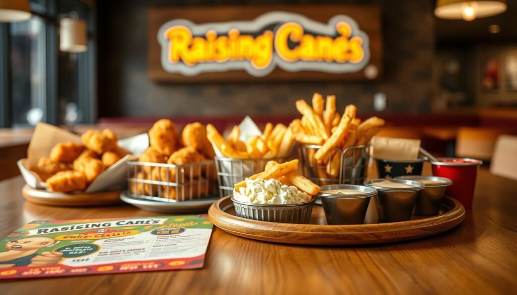 A beautifully arranged table featuring a Raising Cane’s menu, with items like crispy chicken fingers, crinkle-cut fries, coleslaw, and a side of dipping sauces presented elegantly. In the foreground, focus on a wooden table adorned with a colorful menu, highlighting the nutritional information in an attractive layout. The middle ground showcases the food items in appealing, appetizing detail, with vibrant colors and textures that emphasize freshness. The background consists of a softly blurred Raising Cane’s restaurant interior, creating a warm and inviting atmosphere with soft lighting that enhances the food presentation. The scene captures a sense of casual dining enjoyment, perfect for readers interested in understanding the nutritional aspect of the menu.