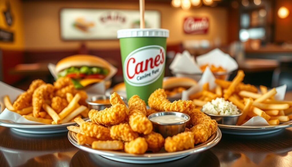 A beautifully arranged table featuring a variety of Cane's signature combo meals. In the foreground, showcase a mouthwatering plate of crispy chicken fingers, golden crinkle-cut fries, and a side of coleslaw, all expertly plated. Include a signature Cane's dipping sauce in a small bowl next to the meal. In the middle, display a drink cup adorned with the Cane's logo, along with additional combo meals such as a sandwich and extra sides. The background should have a soft-focus restaurant setting, with warm lighting creating an inviting atmosphere. Capture the scene from a slightly elevated angle, emphasizing the delicious food and vibrant colors, while keeping the image lively yet professional.