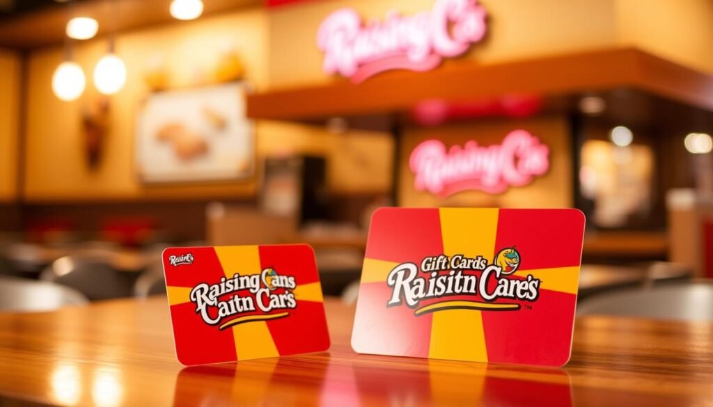A beautifully designed Raising Cane's gift card prominently displayed in the foreground, showcasing its vibrant red and yellow colors with the iconic cane logo. The card should have a glossy finish, reflecting light to emphasize its quality and appeal. In the middle ground, a blurred image of a cozy Raising Cane's restaurant can be seen, hinting at the inviting atmosphere. The background should have warm, soft lighting that evokes a welcoming vibe, perhaps with subtle bokeh effects to add depth. The overall mood should be cheerful and friendly, capturing the excitement of gift-giving and the joy of a delicious meal at Raising Cane's.