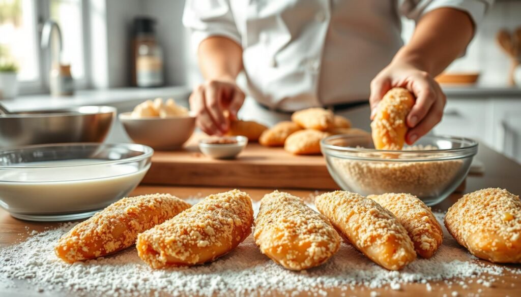 A beautifully laid out kitchen scene showcasing the breading technique for chicken tenders. In the foreground, a close-up view of seasoned chicken pieces being coated in flour, then dipped into a bowl of buttermilk, and finally rolled in a mixture of breadcrumbs, highlighting the texture and layering. In the middle, a wooden cutting board with additional seasoning ingredients and a small bowl of spices, with a hands-on demonstration by a chef in a white apron, carefully breading the chicken, showing focus and precision. In the background, a bright kitchen setting with soft, natural lighting filtering through a window, creating a warm and inviting atmosphere that emphasizes the culinary art of breading chicken tenders. The composition is inviting and professional, capturing the essence of mastering this technique.