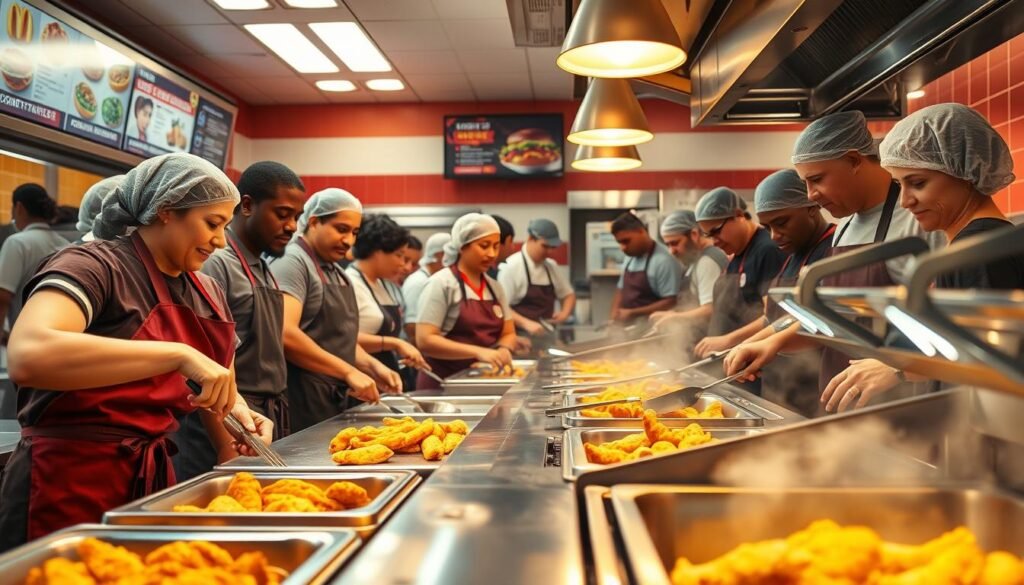 A bustling cook station in a vibrant fast-food restaurant, emphasizing the energetic atmosphere of busy kitchen work. In the foreground, a diverse group of employees in professional kitchen attire, including aprons and hairnets, skillfully preparing chicken tenders on a stainless steel work surface. The middle ground showcases fryers and a grill sizzling with food, steam rising, and utensils glimmering under bright overhead lights. The background features a colorful menu board and kitchen equipment, creating an immersive setting. The lighting is warm and inviting, illustrating a dynamic and collaborative workplace. The scene captures a sense of teamwork and dedication, conveying the joy and hustle of working at a cook station.