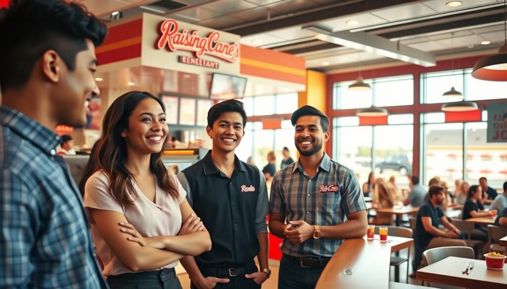 A busy Raising Cane's restaurant setting with a focus on a diverse group of prospective crewmembers in a professional atmosphere. In the foreground, three individuals, a young woman and two young men, are smiling and engaged in friendly conversation while discussing job opportunities; they are dressed in smart-casual attire. The middle ground features a welcoming Raising Cane's counter with menu items displayed, such as fried chicken and sides. In the background, a bright and inviting dining area with cheerful customers enjoying their meals, well-lit by warm, natural light coming through large windows. The mood is optimistic and energetic, capturing the spirit of teamwork and professionalism. Use a wide-angle lens to provide an immersive view, highlighting the camaraderie and vibrant environment of the workplace.