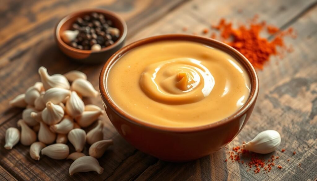 A close-up of a bowl of Raising Cane's sauce, showcasing its creamy consistency and unique color. The sauce should be surrounded by its essential ingredients: a pile of fresh garlic cloves, a small dish of black pepper, and a sprinkle of paprika, arranged artfully around the bowl. In the background, a rustic wooden table adds warmth, with soft, natural lighting casting gentle shadows that enhance the richness of the sauce. Capture the image from a slightly elevated angle, allowing the viewer to appreciate the texture and inviting appearance of the sauce. The overall mood should be inviting and appetizing, highlighting the essence of the perfect blend of flavors that make Cane's sauce irresistible.
