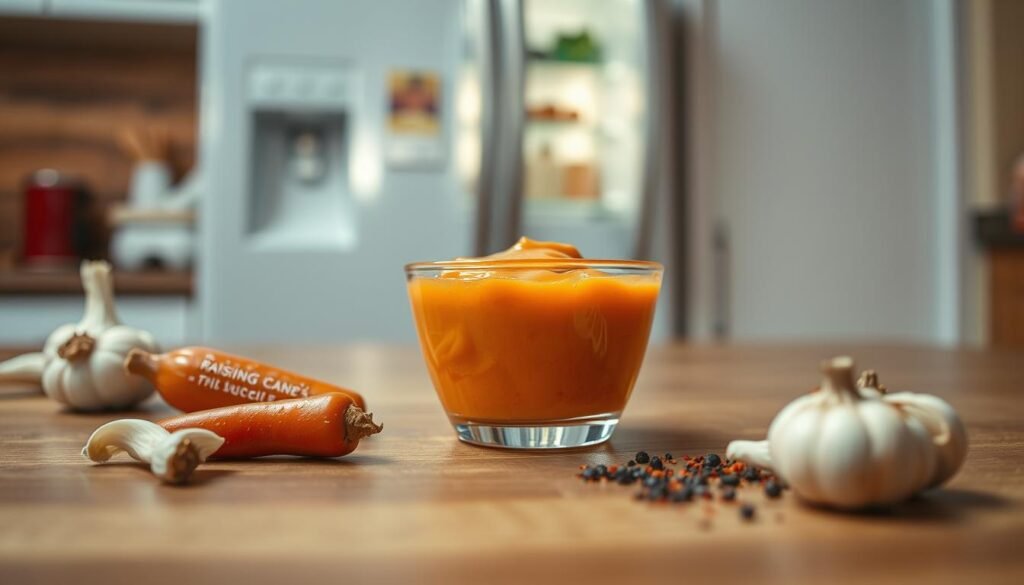 A close-up of a small glass bowl filled with Raising Cane's sauce, showcasing its creamy, tangy texture and rich orange hue. The bowl is placed on a sleek wooden kitchen countertop, surrounded by fresh ingredients like garlic cloves, paprika, and a sprinkle of black pepper to emphasize the sauce's flavor profile. In the background, a softly diffused light illuminates a refrigerator, hinting at the importance of refrigeration for preserving the sauce's quality. The setting is cozy and inviting, with warm kitchen tones and a focus on freshness. The angle is slightly overhead, capturing both the sauce and the surrounding ingredients in rich detail, creating a mouthwatering atmosphere.