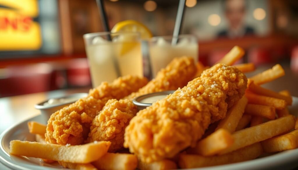A close-up shot of a delicious plate featuring a "Combo3" chicken fingers meal from Raising Cane's. In the foreground, showcase three crispy golden-brown chicken fingers, perfectly fried to a crunchy texture, alongside a generous serving of crinkle-cut fries that glisten with a light sprinkle of sea salt. A side of creamy dipping sauce, such as Cane's famous cane sauce, should be prominently displayed for added flavor. In the middle ground, include a refreshing drink, perhaps a lemonade or iced tea in a transparent cup with ice and a straw. The background should softly fade into a blurred restaurant setting, hinting at the inviting atmosphere of a casual dining experience. The lighting should be warm and inviting, capturing the essence of a cozy meal, with a shallow depth of field to emphasize the food. The overall mood should evoke comfort and hunger.