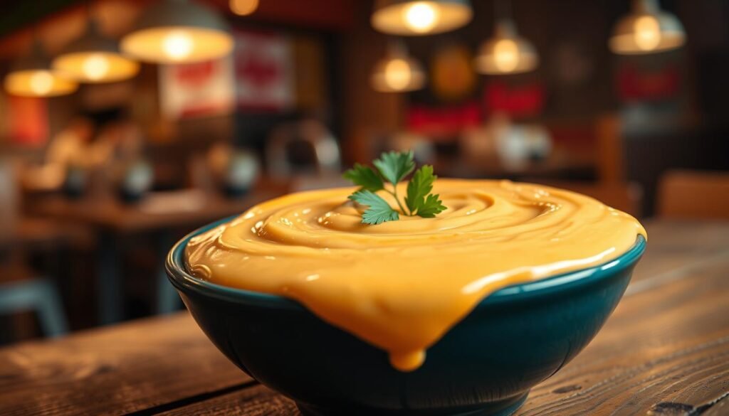 A close-up view of a bowl of Cane's signature cane sauce, creamy and rich, with a hint of spice, presented on a rustic wooden table. The background features blurred elements of a fast-food restaurant environment, with warm ambient lighting that highlights the appetizing texture of the sauce. The bowl is garnished with a sprig of parsley, and some sauce drips enticingly over the edge. The scene has a warm, inviting atmosphere, evoking comfort food vibes. Capture the essence of indulgence, emphasizing the creamy consistency and vibrant colors that make this sauce a favorite. The image should be shot from a slightly elevated angle, focusing on the sauce while creating depth with the soft bokeh of the restaurant environment behind it.