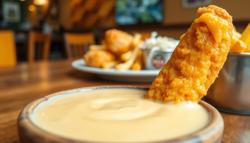 A close-up view of a creamy, golden cane sauce served in a small, rustic dipping bowl, glistening slightly under soft, natural lighting. The foreground features the sauce, with a few crispy chicken tenders partially dipped in it, showcasing the rich texture and inviting color. The middle ground includes a wooden table adorned with a neatly arranged plate of chicken tenders, fries, and coleslaw to emphasize the meal context. In the background, a blurred, warm restaurant ambiance enhances the inviting and casual atmosphere, reminiscent of a popular fast-food setting. The angle is slightly tilted to provide a dynamic view of the sauce and food, evoking a sense of indulgence and flavor exploration.