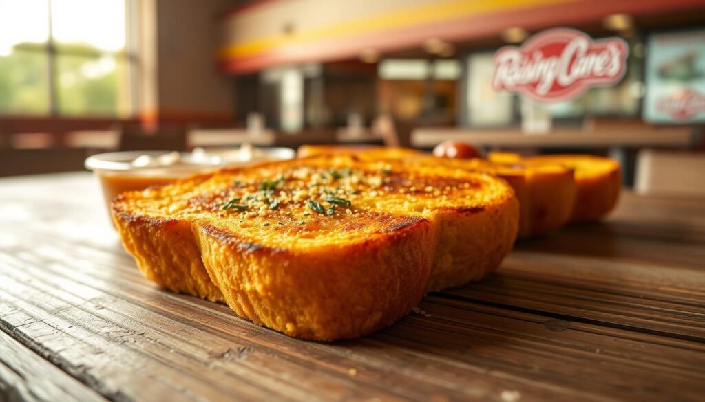 A close-up view of a crispy, golden slice of Raising Cane's Texas toast, perfectly buttered and garnished with a sprinkle of garlic and parsley, lying on a rustic wooden table. The foreground features the toast with detailed textures capturing its crunchy exterior and soft, fluffy interior. In the middle background, a few dipping sauces like ranch and ketchup are artistically arranged, their colors contrasting beautifully against the warm tones of the toast. Soft, natural lighting filters in from the side, creating a warm and inviting atmosphere. In the far background, a blurred glimpse of a Raising Cane's restaurant can be seen, emphasizing the brand's dedication to quality and focus. The mood is wholesome and welcoming, showcasing the simplicity and deliciousness of the menu.
