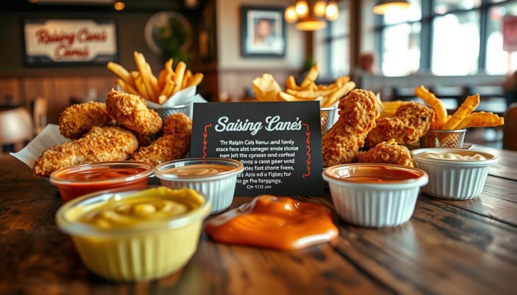 A close-up view of a delicious Raising Cane's secret menu spread, featuring crispy chicken tenders, flavorful dipping sauces, and a side of crinkle-cut fries arranged artistically on a rustic wooden table. In the foreground, highlight the texture of the chicken and the vibrant colors of the sauces. In the middle, include a stylish menu card, slightly blurred, describing the hidden menu items in an elegant font. The background should have an inviting restaurant ambiance with soft, warm lighting and wooden decor, evoking a cozy atmosphere. Use a shallow depth of field to create a dreamy focus on the food, presenting an enticing scene that captures the excitement of discovering secret menu hacks.