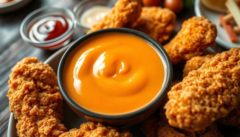 A close-up view of a delicious bowl of cane sauce, highlighting its rich, creamy texture and vibrant orange hue. The sauce is surrounded by crispy chicken fingers, golden brown and perfectly fried, arranged neatly on a rustic wooden table. In the background, out of focus, are glimpses of dipping sauces and side dishes to suggest a casual dining atmosphere. Soft, natural lighting filters through, casting gentle shadows that enhance the sauce's glossy finish. The angle is slightly above the bowl, providing a top-down perspective that emphasizes the sauce's allure. The mood is inviting and appetizing, ideal for showcasing dietary options and allergen awareness in a restaurant setting.