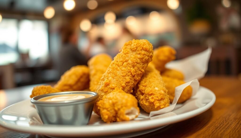 A close-up view of golden-brown chicken fingers, perfectly cooked and crispy, placed on a clean white plate. The chicken fingers are arranged artfully, showcasing their crunchy exterior and juicy interior. In the foreground, a small bowl of tangy dipping sauce, perhaps ranch or honey mustard, adds a pop of color. The background features a blurred restaurant ambiance, hinting at a casual dining experience. Soft, warm lighting illuminates the scene, creating a comforting and inviting atmosphere. The focus should be on the delicious chicken fingers, with shallow depth of field emphasizing their texture and appetizing appearance. The composition captures a sense of enjoyment and satisfaction, suitable for a nutrition-focused article.