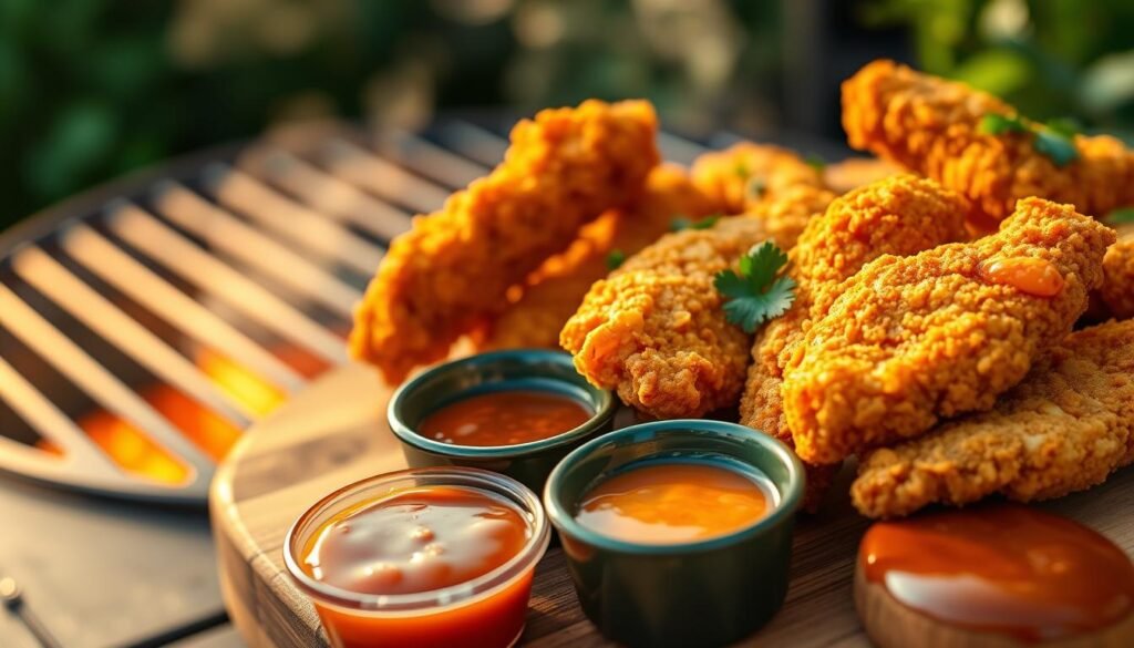 A close-up view of golden, crispy chicken fingers arranged beautifully on a wooden serving board. The chicken fingers are freshly cooked, showing a perfect crunch and juicy interior, garnished with a sprinkle of green parsley for freshness. In the foreground, there are small, colorful dipping sauces — zesty ranch, spicy buffalo, and a tangy barbecue, each in small bowls. The middle ground shows a lightly scorched grill with hints of smoke, suggesting a backyard barbecue atmosphere, while the background features blurred greenery, enhancing a warm, inviting outdoor dining mood. The lighting is soft, with a golden hour glow illuminating the chicken fingers, creating an appetizing and inviting atmosphere. The image is shot from a slight overhead angle to capture the array of colors and textures.