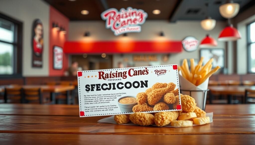 A colorful, eye-catching Raising Cane's coupon design featuring a prominent depiction of a delicious chicken meal, including crispy chicken fingers, fries, and their signature dipping sauce. In the foreground, the coupon is positioned attractively on a wooden table, adding a rustic touch. The middle ground includes slight blurring, showing a friendly, welcoming Raising Cane's restaurant atmosphere with soft lighting that creates a warm, inviting mood. In the background, hints of the restaurant's branding, like the logo and color scheme, can be subtly included, ensuring focus remains on the coupon. A balanced composition with natural lighting emphasizes the food's textures, evoking a sense of craving and excitement about using the coupon.