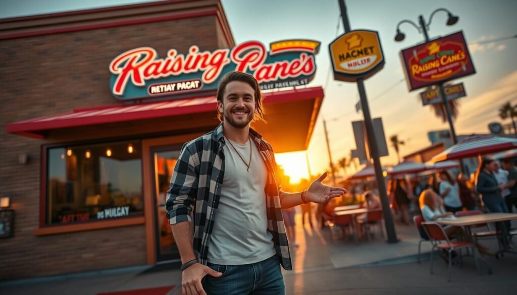 A concept image of Post Malone in front of a Raising Cane's restaurant in Dallas, Texas. In the foreground, he is dressed in a smart-casual outfit—an unbuttoned flannel shirt over a plain t-shirt, paired with stylish jeans and sneakers. He has an approachable smile and is gesturing towards the restaurant, inviting customers in. In the middle ground, the colorful Raising Cane’s sign prominently displays its logo, with people in the background enjoying their meals on the patio. The atmosphere is vibrant and lively, capturing the excitement of a busy restaurant. The sun sets behind the building, casting warm golden light, and the street is bustling with people. The angle is slightly low, emphasizing the height of the restaurant and creating a welcoming, friendly vibe.