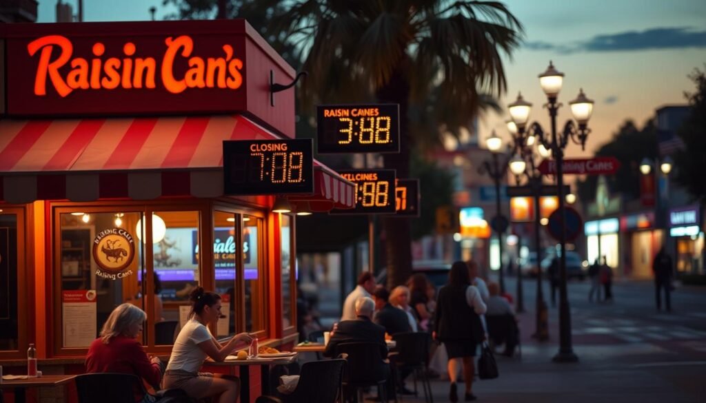 A cozy Raising Cane’s restaurant setting during twilight, showcasing various closing times signaled by illuminated clocks. In the foreground, a warm exterior view of the restaurant with vibrant signage and outdoor seating, inviting casual diners. In the middle ground, diverse patrons in professional business attire enjoy their meals, while others glance at the digital clock displaying varying times of closure, creating a sense of anticipation. The background reveals a beautifully lit street with soft lighting from nearby shops, enhancing the friendly atmosphere. Use a shallow depth of field to keep the focus on the restaurant and diners, with bokeh effects surrounding the scene. Emphasize a warm, welcoming mood that captures the essence of community and dining hours at this popular fast-food location.