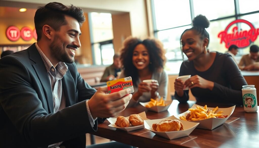 A cozy and inviting Raising Cane's restaurant interior, showcasing a group of diverse customers gathered around a table, happily using their gift cards while enjoying their meals. In the foreground, a well-dressed young man offers a Raising Cane's gift card with a smile, as a diverse female friend looks on eagerly, both dressed in casual yet professional attire. The middle ground features the vibrant hues of the restaurant's famous chicken and fries on a wooden table, with a hint of the iconic Raising Cane's logo visible in the background. Soft, warm lighting creates an inviting atmosphere, with sunlight gently illuminating the scene through large windows, capturing the friendliness and community spirit of the restaurant. The angle should focus on the interaction at the table, highlighting joy and engagement without distractions.
