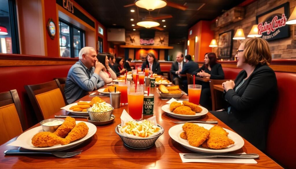 A cozy and inviting dining space at Raising Cane's Cherry Hill, showcasing a beautifully set table with signature menu items like golden fried chicken, crisp coleslaw, and buttery toast. In the foreground, polished wooden tabletops adorned with vibrant condiments and drinks. The middle ground features happy diners dressed in business casual attire, engaging in lively conversation, with warm, ambient lighting enhancing the friendly atmosphere. The background reveals the restaurant's unique decor, including rustic wooden accents and a welcoming color palette of oranges and browns, creating an inviting vibe. The perspective is a slightly elevated angle, capturing the energy of the dining experience while ensuring the overall scene feels lively and cheerful.