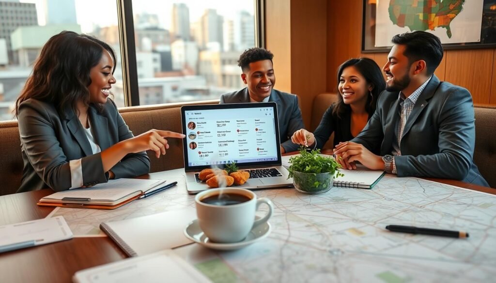A cozy café setting with a large table covered in maps, notebooks, and a laptop displaying the Raising Cane's locations. In the foreground, a diverse group of three individuals in professional casual attire enthusiastically discuss the best visit times, pointing at the screen and laughing. The middle section features a steaming cup of coffee and a bowl of chicken tenders surrounded by vibrant greenery, enhancing the inviting atmosphere. The background showcases a window with a soft golden light filtering through, suggesting a late afternoon, with city buildings faintly visible. The mood is friendly, collaborative, and lively, encouraging effective planning for a visit.