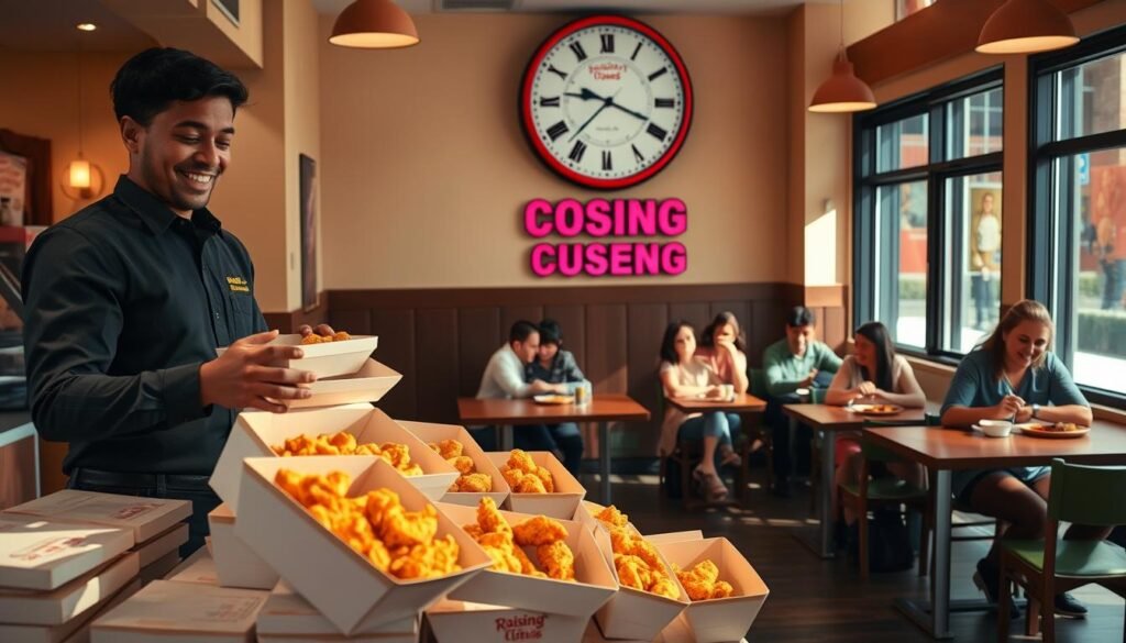 A cozy interior scene of a Raising Cane's restaurant, showcasing a brightly lit dining area during peak hours. In the foreground, a friendly staff member in a smart casual uniform arranges a stack of takeout boxes filled with crispy chicken tenders. In the middle ground, families and friends are seated at wooden tables, enjoying their meals and smiling, embodying a jovial atmosphere. The background features a large wall clock prominently displaying typical closing hours, framed by colorful Raising Cane’s branding. Soft, warm lighting enhances the inviting mood while natural light filters in through large windows, creating an open, welcoming feel. The angle is slightly elevated, capturing the entire space while maintaining focus on the staff member and the clock.