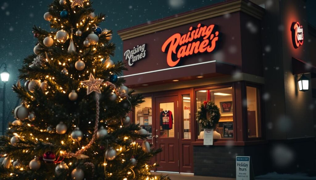 A cozy, inviting scene capturing a Raising Cane's restaurant during the holiday season, prominently featuring the iconic logo subtly included on the building. In the foreground, a decorated holiday tree adorned with twinkling lights and ornaments, casting a warm glow. The middle ground showcases the restaurant's closed doors with a festive wreath hanging, and a nearby sign indicating holiday hours. The background features softly falling snowflakes, adding to the winter atmosphere, with gentle lighting that creates a peaceful, serene mood. A slightly blurred bokeh effect around the edges enhances the focus on the restaurant, evoking a sense of community and warmth during the holiday season. The scene conveys a feeling of nostalgia and cheer, perfect for winter celebrations.