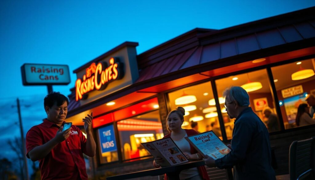 A cozy, well-lit exterior of a Raising Cane's restaurant at twilight, showcasing its vibrant signage against a deepening blue sky. In the foreground, a friendly staff member in a red Raising Cane's uniform is checking the time on a smartphone, symbolizing the importance of closing hours. In the middle, a couple looks on thoughtfully, standing near a table with an illuminated menu in front of them, contemplating their orders as the soft glow from the restaurant illuminates their faces. The background features warmly lit windows showcasing the interior ambiance, filled with diners enjoying their meals. The atmosphere is inviting yet reflective, with the ambient glow emphasizing a sense of community and anticipation. The angle highlights both the restaurant's charm and the importance of understanding its closing hours.