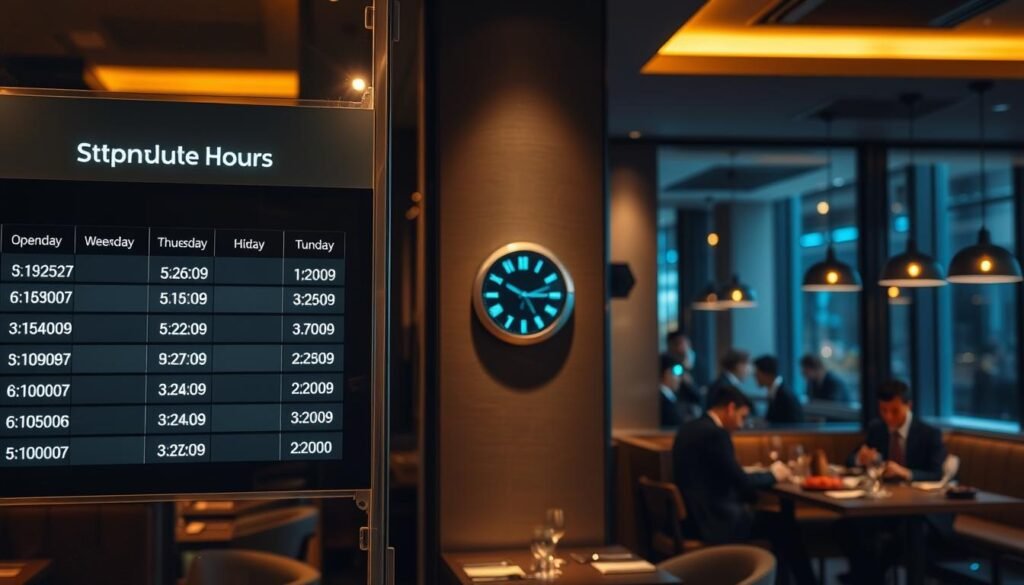 A detailed late-night service schedule displayed prominently on a sleek, modern restaurant wall, illuminated by soft, warm overhead lighting. In the foreground, clear glass panels feature the illuminated schedule with varying operating hours for different weekdays, each time slot highlighted with gentle glows. The middle ground includes a stylish digital clock showing the current time, surrounded by subtle shadows cast by furniture in a contemporary setting. In the background, the ambiance reflects a cozy late-night atmosphere with dimly lit tables and a few patrons in professional business attire enjoying a meal. Use a shallow depth of field to emphasize the schedule while softly blurring the background for a focused look, conveying a sense of calm amidst late-night dining bustle.