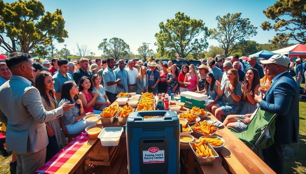 A lively tailgate scene featuring a large group of people enjoying a Raising Cane's feast. In the foreground, a diverse crowd of well-dressed individuals in casual but neat clothing gather around a picnic table filled with Raising Cane's signature chicken tenders, fries, and dipping sauces. The middle ground shows a well-decorated tailgate setup with colorful blankets and lawn chairs, along with a portable cooler and some sports equipment, hinting at camaraderie and celebration. In the background, the atmosphere is vibrant, with trees and a clear blue sky, creating an inviting outdoor setting. The lighting is warm and bright, suggesting a sunny day. Capture the mood of joy, friendship, and community.