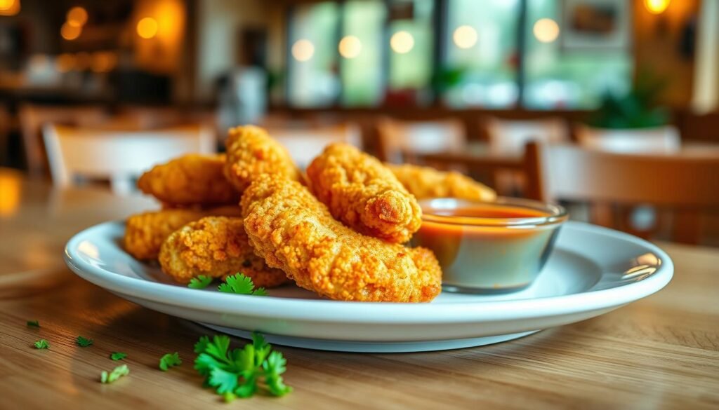 A mouthwatering close-up of crispy chicken fingers, golden-brown and perfectly fried, served on a clean white plate. The chicken fingers are arranged neatly, accompanied by a small dish of zesty dipping sauce, showcasing a glossy texture. In the foreground, a sprinkling of fresh parsley adds a pop of color. The middle ground features a subtle wooden table, enhancing the homey atmosphere. In the background, soft-focus hints of a vibrant restaurant setting with warm lighting create a welcoming vibe. The scene is shot with a macro lens for an intense focus on the chicken fingers, capturing their texture, with natural light casting gentle shadows. The mood is inviting, emphasizing community and quality.