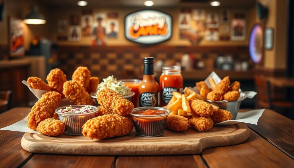 A mouthwatering display of "Combo3 Chicken Fingers" from Raising Cane's, arranged on a rustic wooden table in the foreground. The golden-brown chicken fingers are perfectly cooked, with a crispy coating, served alongside a small cup of dipping sauce, vibrant coleslaw, and crinkle-cut fries. In the middle ground, a colorful, appetizing spread of dipping sauces, including Cane’s signature sauce, appears inviting. The background features a warm, cozy fast-food restaurant setting, with soft, natural lighting highlighting the food, creating an inviting atmosphere. Shot with a shallow depth of field to emphasize the deliciousness of the chicken fingers, the overall mood is cheerful and satisfying, perfect for a casual dining experience.