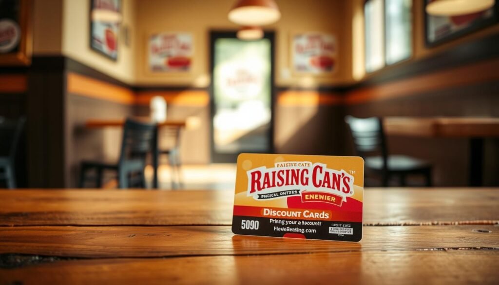 A physical discount card for Raising Cane's prominently displayed in the foreground, featuring a sleek design showcasing the vibrant colors of the restaurant's branding. The card is placed on a rustic wooden table, emphasizing its tangible value. In the middle ground, a subtle blur of a casual dining environment captures the essence of a Raising Cane's location, hinting at the warm, inviting atmosphere. Soft, natural lighting filters through a nearby window, casting gentle shadows that enhance the card's details. The image is shot from a slightly elevated angle to highlight the card's features effectively. The overall mood is inviting and cheerful, centered around the idea of savings and enjoyment at a beloved fast-food chain.