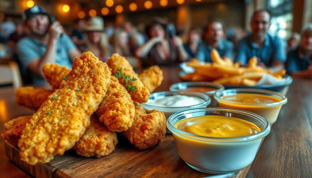 A plate of golden-brown chicken fingers, perfectly crispy with a slight sheen, served alongside vibrant dipping sauces like zesty ranch and tangy honey mustard. In the foreground, focus on the chicken fingers arranged artfully with a sprinkle of fresh herbs for garnish. In the middle, a rustic wooden table setting enhances the homely appeal, with a subtle reflection of the sauces. In the background, blurred but recognizable, are fans enjoying their meals in a lively yet relaxed atmosphere, with warm, inviting lighting that creates a sense of comfort and excitement. Capture this moment with a shallow depth of field, using natural light to accentuate the textures of the chicken fingers, evoking a mood of enjoyment and anticipation.