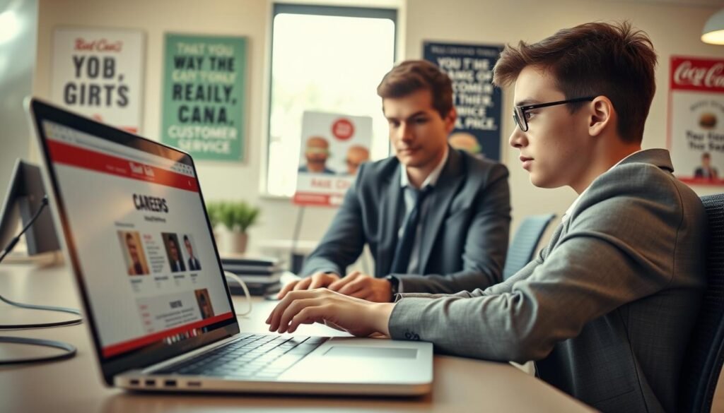 A professional depiction of a young person sitting at a modern desk, intently filling out an online job application for Raising Cane's. In the foreground, close up on the laptop screen displaying the Raising Cane's careers webpage with job listings. The middle layer features the applicant, dressed in smart casual attire, showcasing focus and determination. In the background, a bright and inviting workspace with motivational posters about teamwork and customer service. Soft, natural light filters through a nearby window, creating an optimistic atmosphere that encourages ambition. The angle captures the desk and screen at a slight tilt for depth, emphasizing the application process while keeping the environment clutter-free and professional.