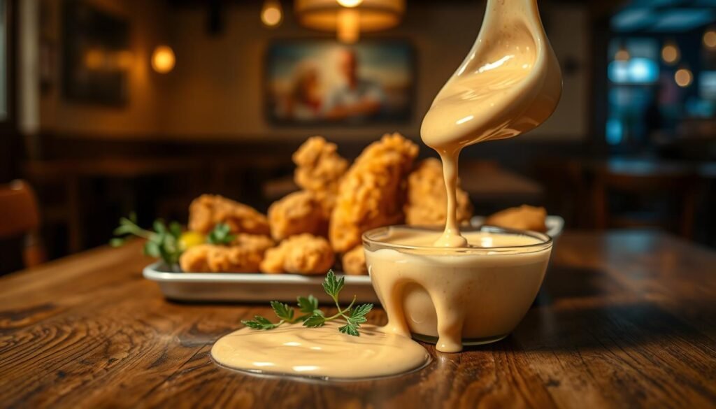 A rich, creamy bowl of Cane's sauce sits prominently in the foreground, its texture glistening under the warm, soft illumination of overhead lights. The sauce flows gently from a dipping container, with some droplets artistically splattered onto a rustic wooden table. In the middle ground, crispy chicken tenders are arranged neatly, their golden-brown crust contrasting beautifully with the dip. Surrounding them are hints of fresh herbs and spices, subtly placed to suggest the secret ingredients in the sauce. The background is blurred, featuring a cozy restaurant ambiance with soft wooden decor and faint shadows, enhancing the focus on the sauce and tenders. The mood is inviting and appetizing, perfect for showcasing the allure of Cane's sauce in a culinary context.