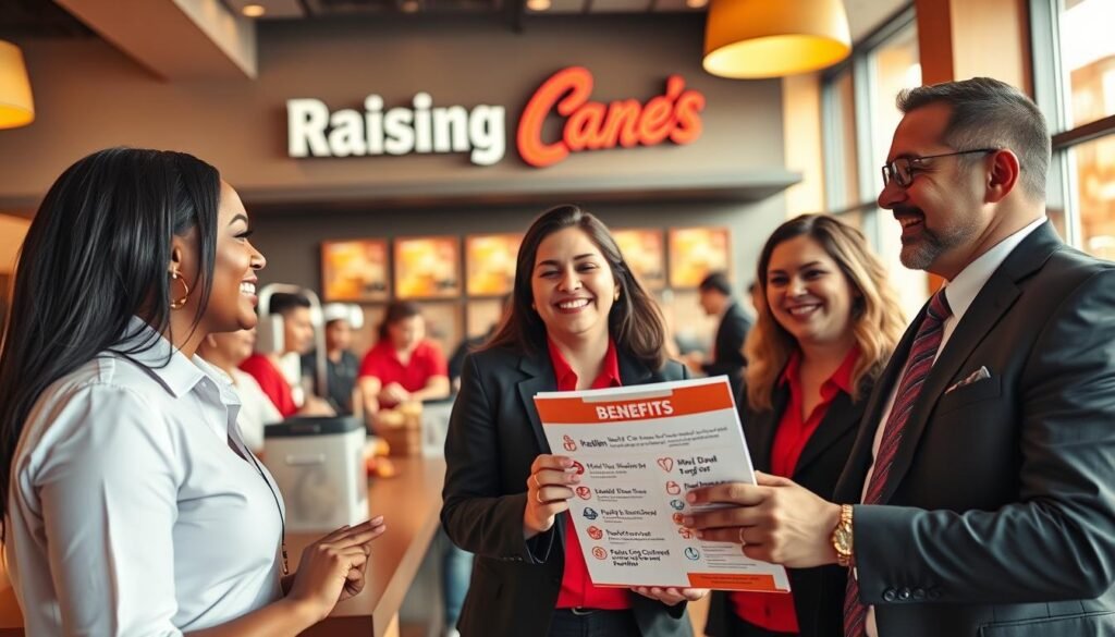A vibrant and inviting scene depicting a group of Raising Cane's employees in a modern, well-lit restaurant environment, emphasizing their work culture and the comprehensive benefits they receive. In the foreground, two crewmembers in professional business attire are animatedly discussing perks, holding a benefits brochure that showcases health, retirement, and meal benefits. In the middle ground, other employees are engaged in various tasks, highlighting teamwork and camaraderie, such as serving food and assisting customers with friendly smiles. The background features the iconic Raising Cane's branding, with warm light filtering through large windows, creating a welcoming atmosphere. The overall mood is positive and energetic, reflecting a supportive workplace. Use a wide angle lens to capture the full scene, ensuring clarity and vibrancy in colors.