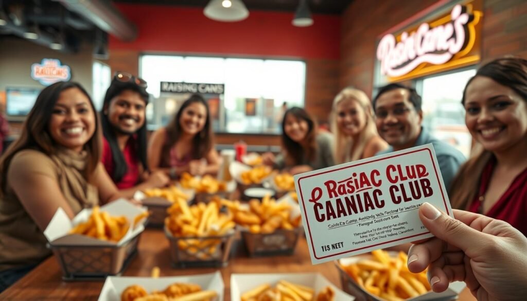 A vibrant and inviting scene showcasing the "Caniac Club" at Raising Cane's, with a cheerful group of diverse individuals dressed in modest casual clothing, gathered around a large table filled with delicious Raising Cane's food, including crispy chicken fingers and fries. In the foreground, close-up of a Caniac Club membership card held by a smiling person, emphasizing exclusivity. The middle ground features a lively atmosphere with people engaging happily and sharing stories, while bright, warm lighting enhances the overall welcoming vibe. In the background, the iconic Raising Cane's restaurant can be seen, complete with its recognizable logo and branding. The angle is slightly elevated, capturing the camaraderie and excitement of joining the club. The mood is joyful and community-oriented, perfect for illustrating rewards and rewards.