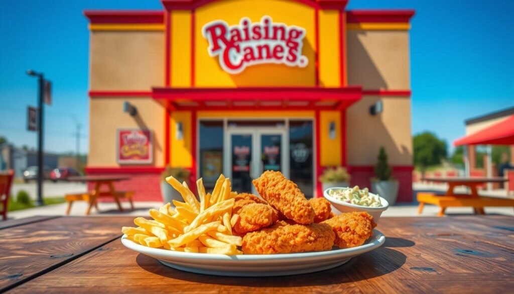 A vibrant and inviting scene showcasing the Raising Cane's brand. In the foreground, a well-presented plate featuring the signature chicken fingers, golden fries, and a side of coleslaw, all arranged artfully on a rustic wooden table. In the middle ground, an attractively decorated Raising Cane's storefront with its iconic red and yellow color scheme, featuring the logo prominently displayed above the entrance. The background includes a clear blue sky, hinting at a sunny day. Soft, warm lighting enhances the freshness of the food. The atmosphere is cheerful and welcoming, reflecting the brand's energetic vibe. Captured with a shallow depth of field to emphasize the meal and storefront, the image evokes a sense of community and enjoyment.
