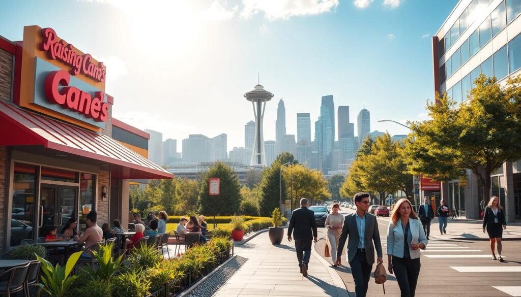 A vibrant, futuristic landscape showcasing potential locations for Raising Cane's expansion in Washington. In the foreground, a modern, welcoming Raising Cane's restaurant with an inviting outdoor patio filled with families enjoying meals. The middle ground features a bustling urban street scene with pedestrians in professional attire, illustrating community engagement. In the background, a skyline of Seattle with the Space Needle, framed by lush greenery and a bright blue sky, symbolizes growth and opportunity. Soft sunlight bathes the scene, creating a warm, optimistic atmosphere with reflections on glass surfaces. Use a wide-angle lens to capture the grandeur of the location, emphasizing both the restaurant and the dynamic city environment.