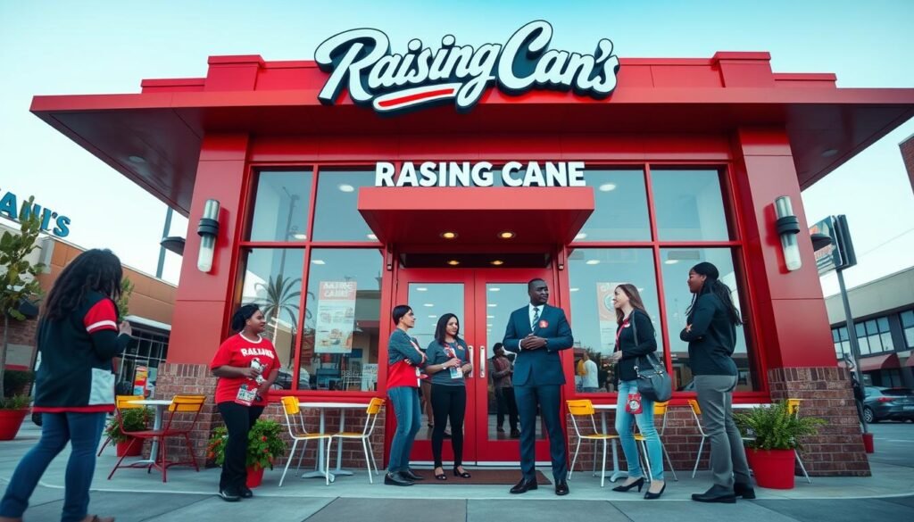 A vibrant, inviting Raising Cane's restaurant, showcasing its iconic red and white color scheme and playful branding. In the foreground, a professional team of diverse employees dressed in branded Raising Cane's uniforms, discussing job opportunities. The middle ground features a welcoming entrance with bright outdoor seating, complemented by lively greenery. The background displays the restaurant's signature large windows, reflecting a clear blue sky and a bustling street scene. Soft, natural lighting illuminates the outdoor area, creating a cheerful atmosphere. The angle captures the restaurant from a slight low perspective, emphasizing the inviting and energizing essence of the workplace. The overall mood is optimistic and professional, highlighting a dynamic environment conducive to teamwork and growth.