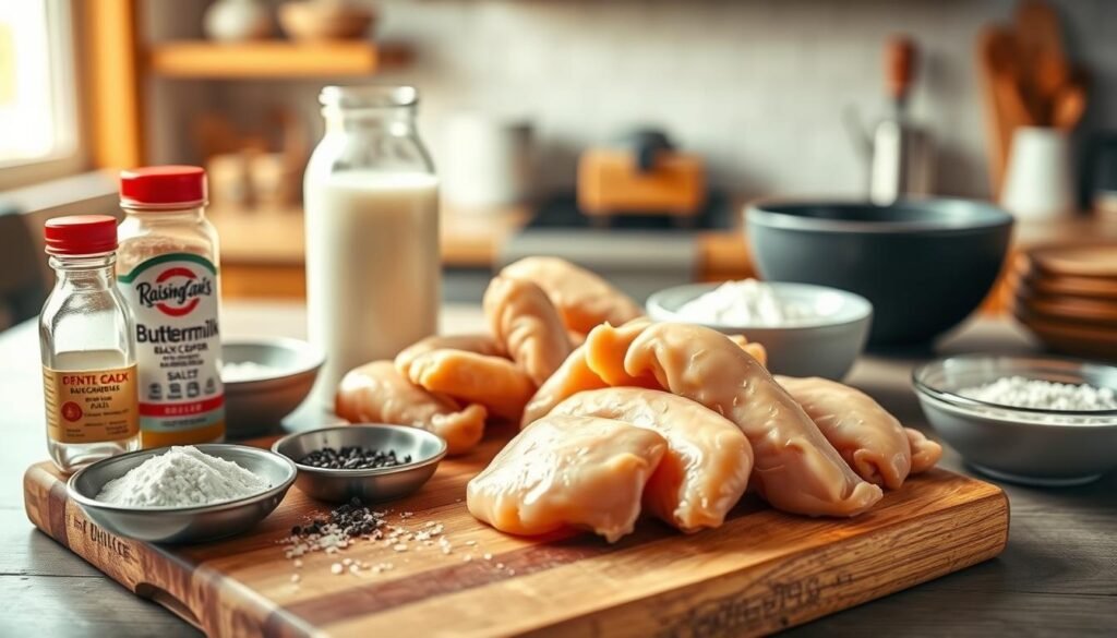 A vibrant overhead composition showcasing the essential ingredients for Raising Cane's Chicken. In the foreground, a wooden cutting board is adorned with fresh chicken tenders, a bowl of buttermilk, salt, black pepper, garlic powder, and an array of spices. In the middle ground, hints of flour and seasoning mix are displayed in well-placed bowls, highlighting the preparation stage. The background features a softly blurred kitchen setting with warm, inviting lighting, conveying a cozy cooking atmosphere. A shallow depth of field enhances the focus on the ingredients, while natural light casts gentle shadows, creating an appealing visual contrast. The overall mood is inviting and homely, perfect for illustrating authentic culinary preparation.