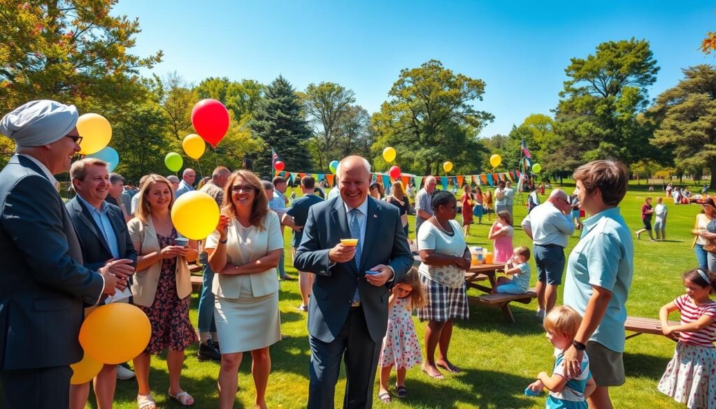 A vibrant scene at Garden State Park, celebrating a community event filled with families and friends enjoying the atmosphere. In the foreground, cheerful individuals in professional business attire and modest casual clothing engage in conversation and laughter, holding balloons and sharing food. The middle ground features a festive setup with colorful banners, picnic tables adorned with refreshments, and children playing nearby on the green grass. The background showcases the lush park landscape, with tall trees and blooming flowers under a bright blue sky. The warm sunlight casts a golden hue over the gathering, evoking a sense of joy and community spirit, captured with a wide-angle lens for a lively perspective.