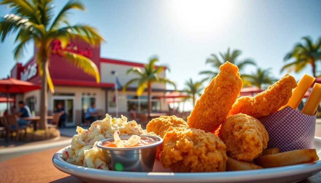 A vibrant scene capturing the essence of Raising Cane's in Florida. In the foreground, a beautifully presented plate of crispy fried chicken tenders with sides of coleslaw and crinkle-cut fries, glistening under warm, natural sunlight. In the middle ground, a dynamic, modern Raising Cane's restaurant with its distinctive branding, showcasing its signature colors of red and white, while patrons enjoy their meals at outdoor tables. The background features palm trees swaying gently in a clear blue sky, evoking the relaxed Florida atmosphere. The lighting should be bright and cheerful, enhancing the inviting feel of the scene. The angle should be slightly elevated, providing a comprehensive view of the restaurant's lively environment, creating a mood of community and enjoyment.