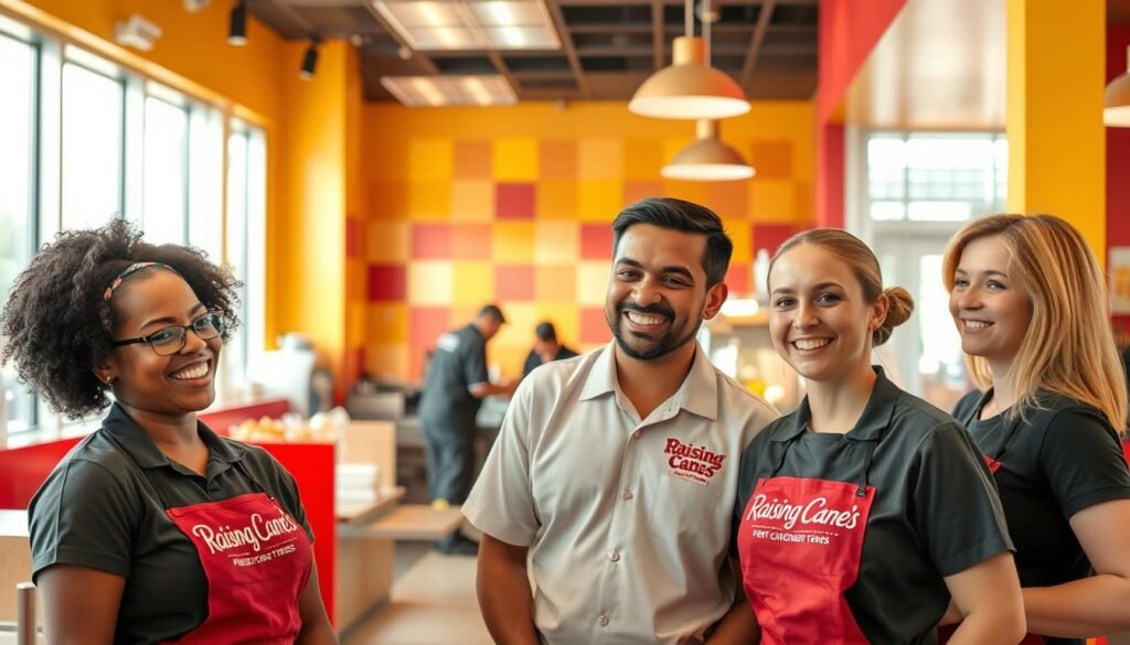 A vibrant scene depicting Raising Cane's employees inside a modern fast-food restaurant. In the foreground, three staff members, a diverse group consisting of a Black woman, a Hispanic man, and a Caucasian woman, are smiling and engaged in a friendly discussion while wearing smart, clean uniforms featuring the Raising Cane's logo. In the middle ground, a bustling kitchen can be seen, with employees efficiently preparing fresh chicken tenders and sides, emphasizing teamwork and camaraderie. The background showcases the restaurant’s colorful interior, with bright red and yellow decor and a lively, welcoming atmosphere. Natural daylight streams in through large windows, creating a warm and inviting glow. The mood is cheerful and professional, illustrating a positive work environment.