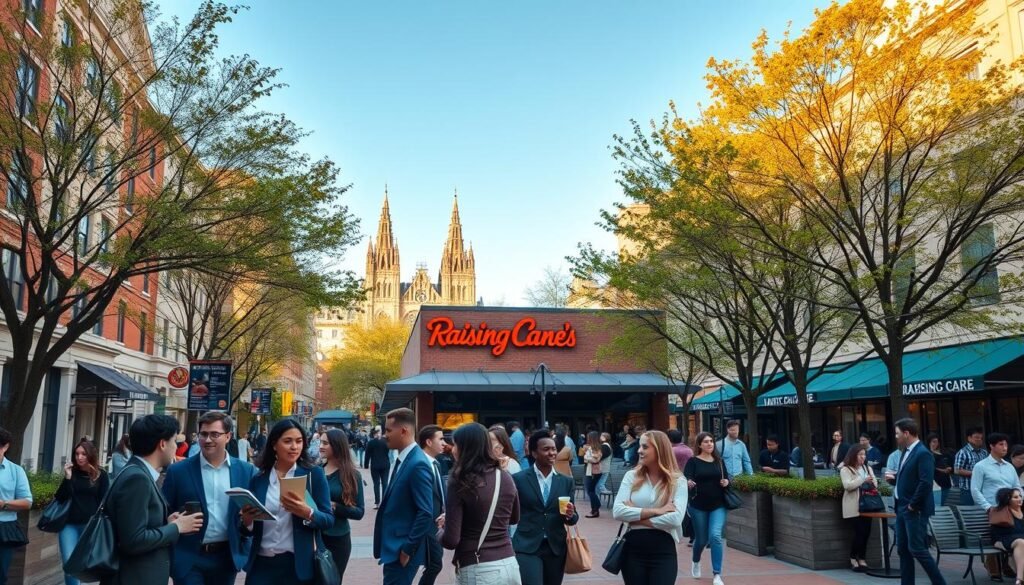 A vibrant university district scene, bustling with activity. In the foreground, a group of diverse students dressed in professional business attire and casual clothing engages in conversation, holding books and coffee cups. The middle ground features a newly opened Raising Cane's restaurant with a modern design, its signature branding prominently displayed. Surrounding the restaurant, trees are lush with spring leaves, and outdoor seating areas are lively with patrons enjoying their meals. In the background, classic university buildings rise against a clear blue sky, with students walking to and from classes. Soft, golden sunlight casts a warm glow, enhancing the welcoming atmosphere of the community. The image is captured from a slightly elevated angle, providing a clear view of the district's vibrancy without any text or overlays.